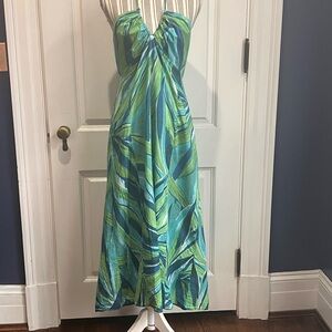 Tropical Green and Blue Maxi Dress H &M halter size large boho smocked D307